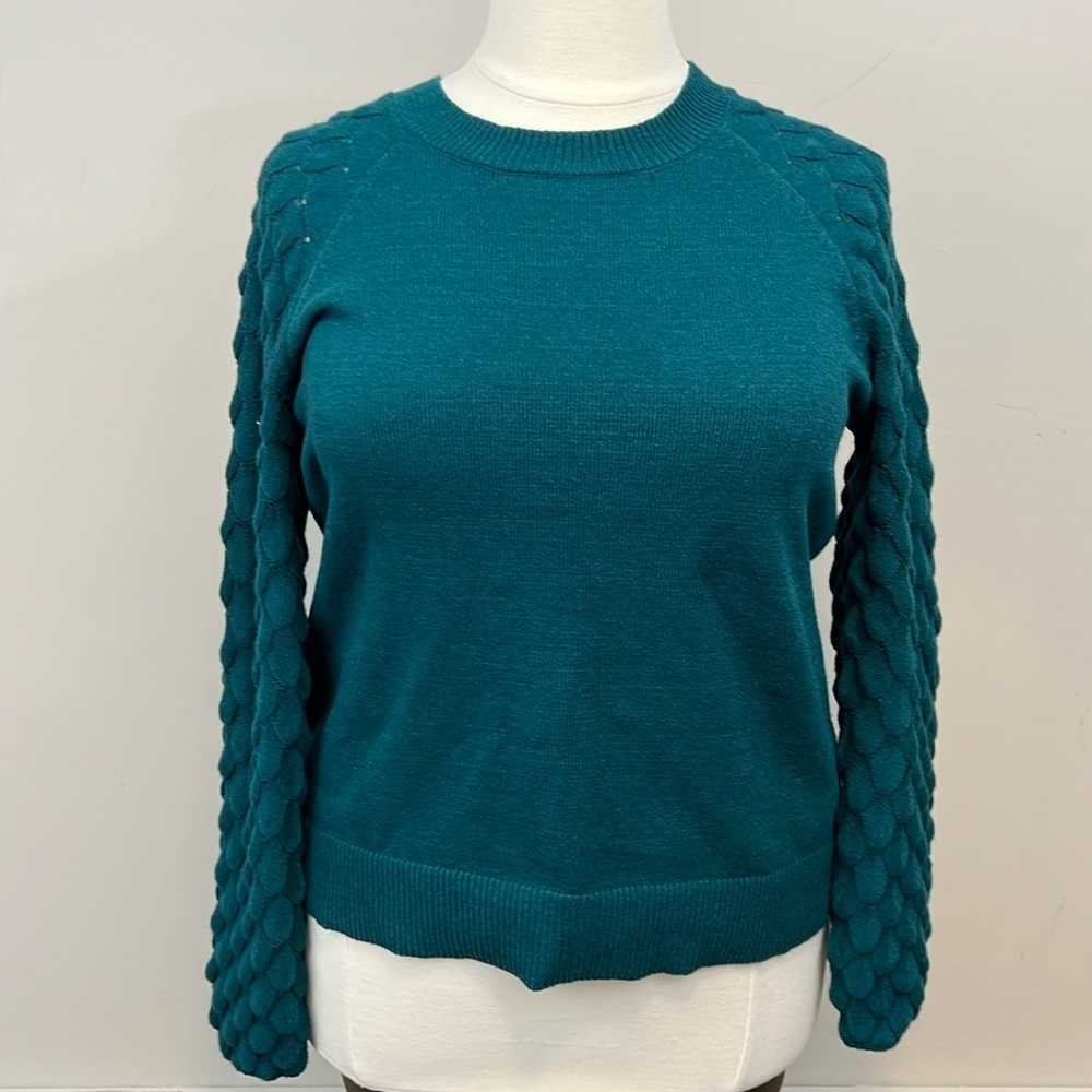 Lane Bryant Dark Teal Crew Neck Knit Sweater Patterned Pointelle Sleeves 14/16
